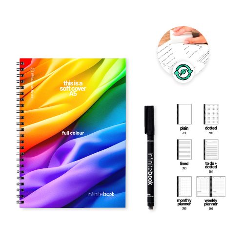 FLEXIBLE A5 INFINITEBOOK - ფერადი. A5 "Infinitebook" ბლოკნოტი მოქნილი ყდით, წინასა და უკანა ყდებზე სრული ფერის კასტომიზაციით