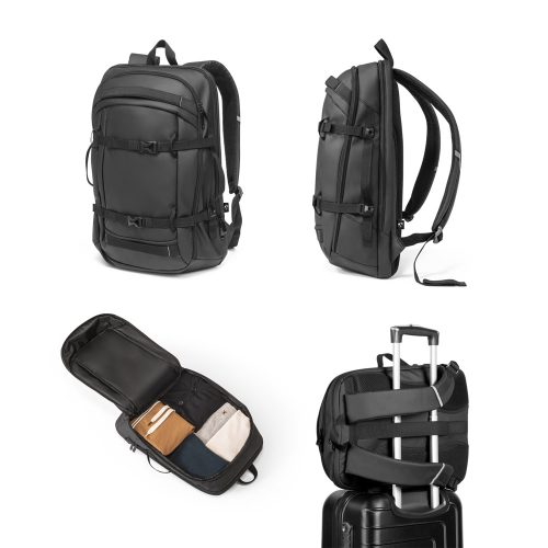 KAMPALA. ლეპტოპის ზურგჩანთა 900D მაღალი სიმკვრივის გადამუშავებული პოლიესტერით, წყალგამძლე საფარით და 210D გადამუშავებული პოლიესტერის შიდა ფენით, 17.3"