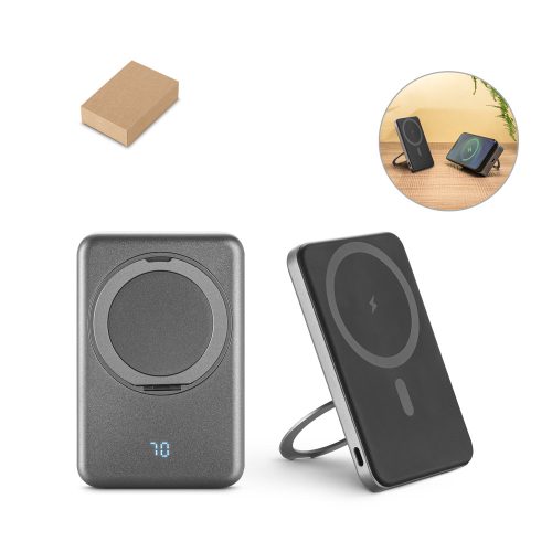 WARSHEL 5. 5.000 mAh მაგნიტური Power Bank 15W სუპერპასიური უსადენო დამტენით გადამუშავებული ABS (100% rABS) მასალით, სტენდით